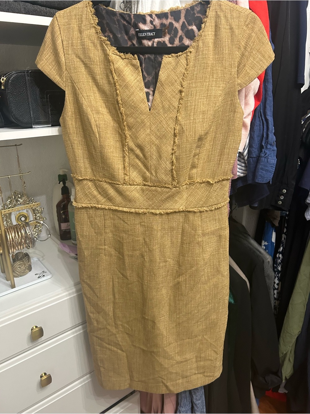 Ellen Tracy Olive-Gold Textured Sheath Dress